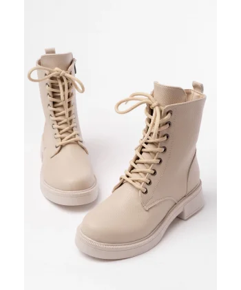 02-356 Bej Galata Düz Topuklu Bağcıklı Fermuarlı Günlük Kadın Bot