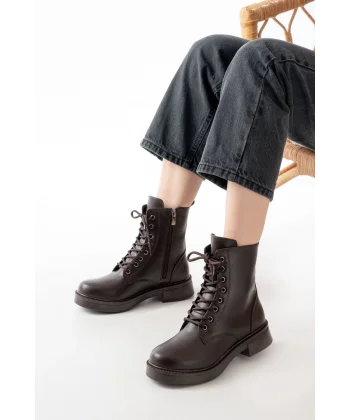 02-356 Kahve Düz Topuklu Bağcıklı Fermuarlı Günlük Kadın Bot