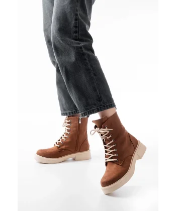 02-356 Taba Süet Düz Topuklu Bağcıklı Fermuarlı Günlük Kadın Bot