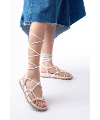 1001-1001 Beyaz Bilekten Bağcıklı Kadın Sandalet