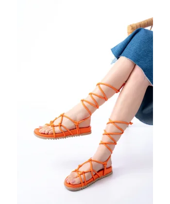 1001-1001 Orange Bilekten Bağcıklı Kadın Sandalet