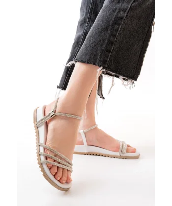 1001-1100 Beyaz Gümüş Taşlı Günlük Kadın Sandalet