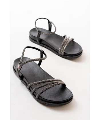 1001-1100 Siyah Platin Taşlı Günlük Kadın Sandalet