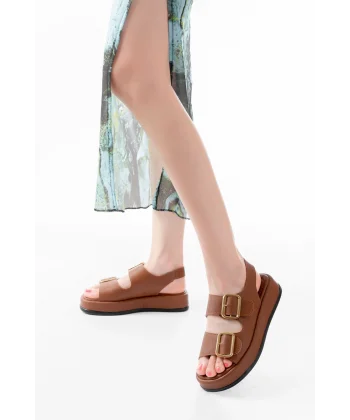 1187 Taba Dolgu Topuk Lastik Baretli  Kadın Sandalet