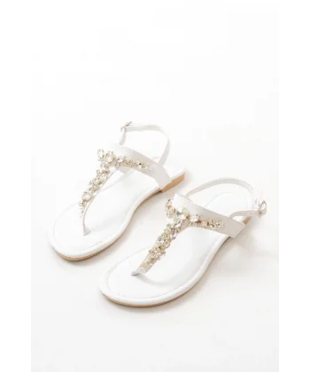 152-1110 Beyaz Gümüş Taşlı Parmak Arası Kadın Sandalet