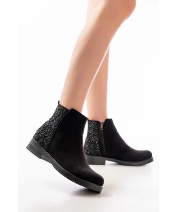 165-212 Siyah Süet Taş Aksesuarlı Fermuarlı Günlük Kadın Bot
