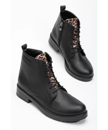 165-225 Siyaha Leopar Bağcıklı Fermuarlı Günlük Kadın Bot