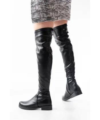 165-Streç Siyah Diz Üstü Fermuarlı Günlük Kadın Çizme