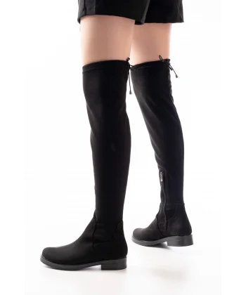 165-Streç Siyah Süet Diz Üstü Fermuarlı Günlük Kadın Çizme