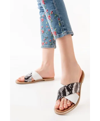 169-076 Beyaz Ortopedik Hakiki Deri Çapraz Bantlı Kadın Terlik