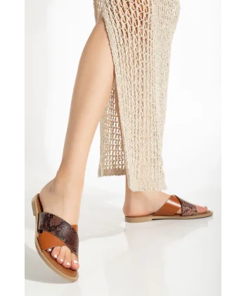 169-076 Taba Ortopedik Hakiki Deri Çapraz Bantlı Kadın Terlik