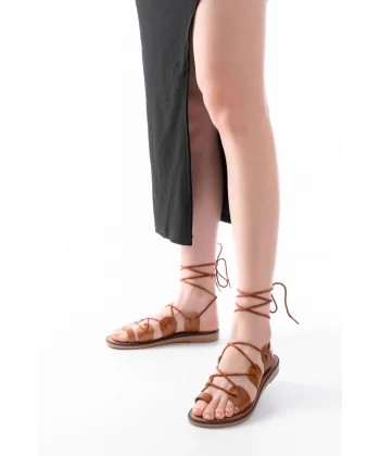 205-01 Taba Bilekten Bağlamalı Ortopedik Hakiki Deri Kadın Sandalet