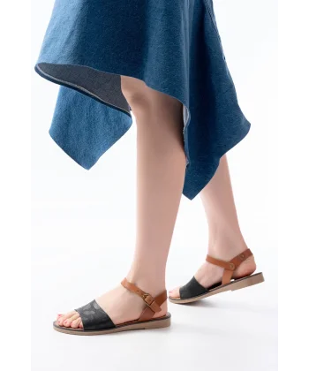 205-012 Siyah Ortopedik Hakiki Deri Kadın Sandalet