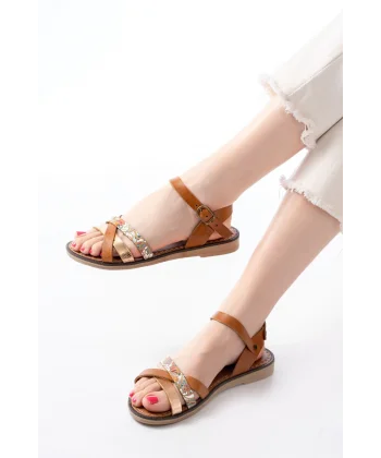 205-015 Taba Garni Ortopedik Hakiki Deri Kadın Sandalet