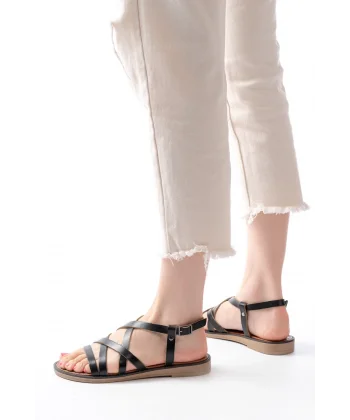 205-017 Siyah Ortopedik Hakiki Deri Kadın Sandalet