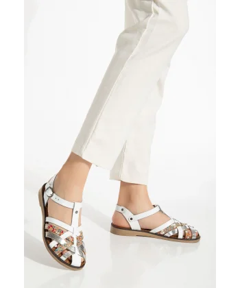 205-02 Beyaz Garni Ortopedik Hakiki Deri Kadın Sandalet