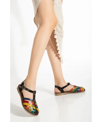 205-02 Siyah Multi Ortopedik Hakiki Deri Kadın Sandalet