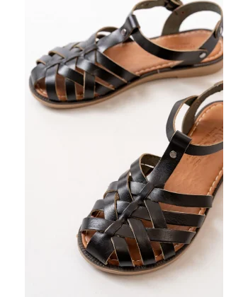 205-02 Siyah Ortopedik Hakiki Deri Kadın Sandalet