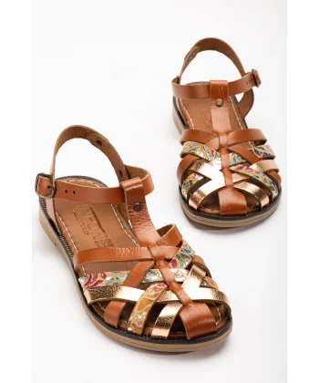 205-02 Taba Garni Ortopedik Hakiki Deri Kadın Sandalet