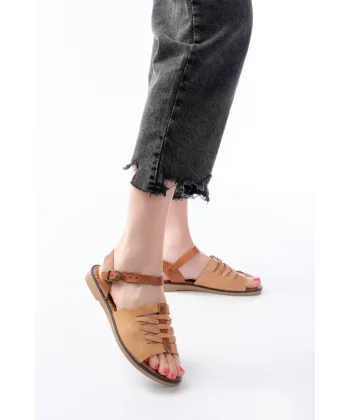 205-029 Bej Ortopedik Hakiki Deri Kadın Sandalet