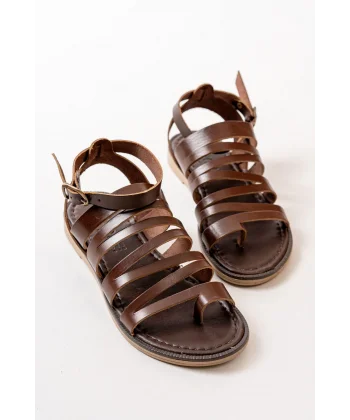 205-041 Koyu Kahve Ortopedik Hakiki Deri Kadın Sandalet