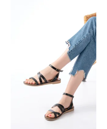 205-08 Siyah Ortopedik Hakiki Deri Kadın Sandalet