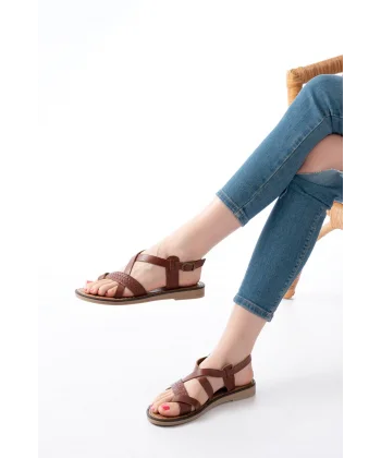 205-09 Koyu Kahve Ortopedik Hakiki Deri Kadın Sandalet