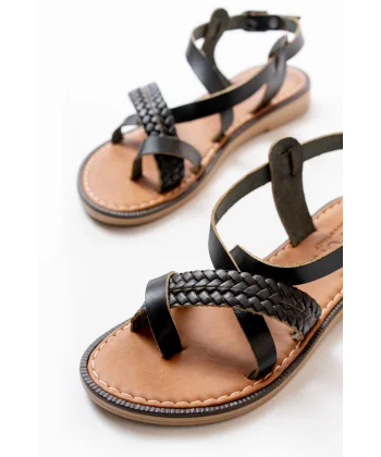 205-09 Siyah Ortopedik Hakiki Deri Kadın Sandalet