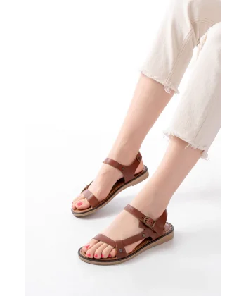 205-090 Koyu Kahve  Hakiki Deri Tokalı Kadın Sandalet