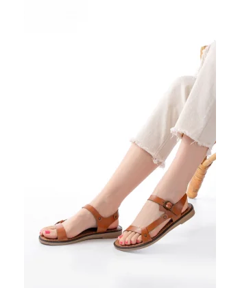 205-090 Taba  Hakiki Deri Tokalı Kadın Sandalet