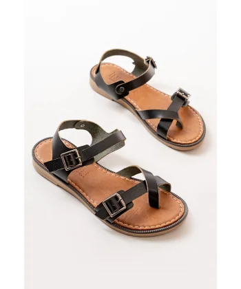 205-091 Siyah Ortopedik Hakiki Deri Kadın Sandalet