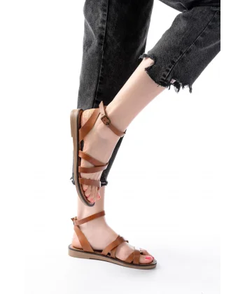 205-209 Taba  Hakiki Deri Tokalı Parmak Arası Kadın Sandalet