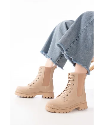 2051-298 Bej Düz Topuklu Bağcıklı Lastikli Günlük Kadın Bot
