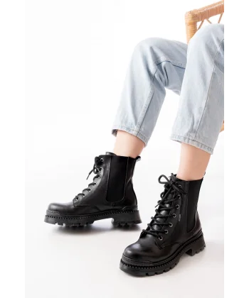 2051-298 Siyah Cilt Düz Topuklu Bağcıklı Lastikli Günlük Kadın Bot