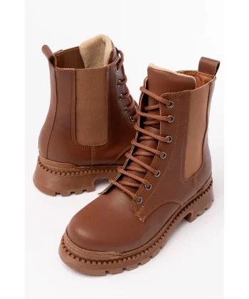 2051-298 Taba Düz Topuklu Bağcıklı Lastikli Günlük Kadın Bot