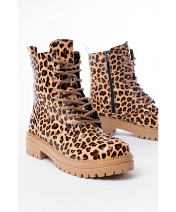 2121-356 Parlak Leopar Bağcıklı Fermuarlı Günlük Kadın Bot