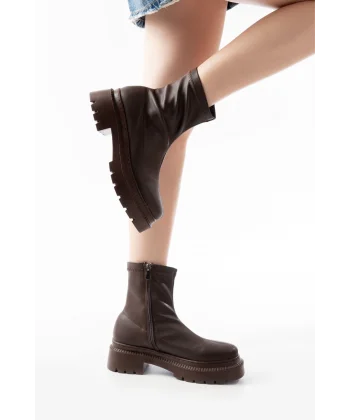 236-2011 Kahve Streç Fermuarlı Günlük Kadın Bot