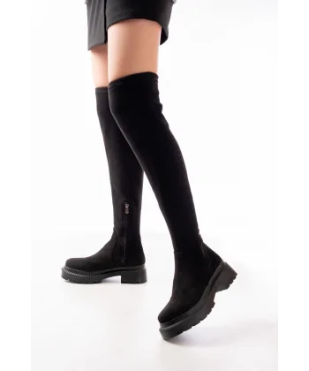 236-2194 Siyah Süet Streç Diz Üstü Fermuarlı Günlük Kadın Çizme