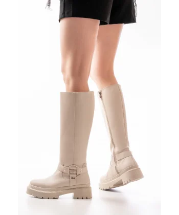236-3021 Bej Fermuarlı Günlük Kadın Çizme