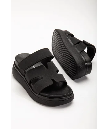 24422-HERMES Siyah Dolgu Topuk Kadın Sandalet