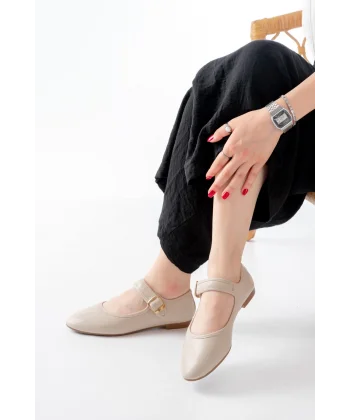 2606 Bej Baretli Günlük Bayan Ayakkabı