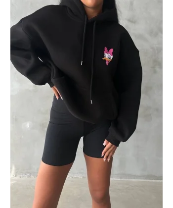 3 iplik şardonlu oversize compact ördek baskılı sweat siyah