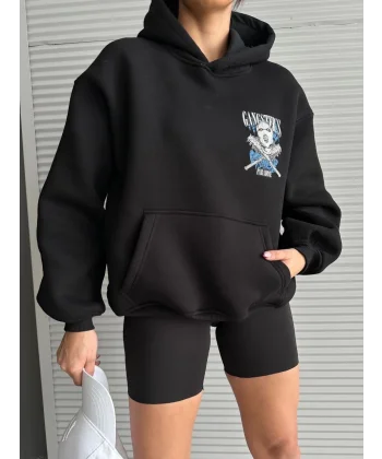 3 iplik şardonlu oversize kafa baskılı sweat siyah