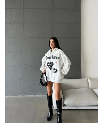 3 iplik şardonlu oversize true baskılı sweat Beyaz