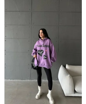 3 iplik şardonlu oversize true baskılı sweat mor