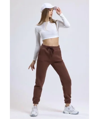 3 iplik şardonlu paça lastikli eşofman kahve is001