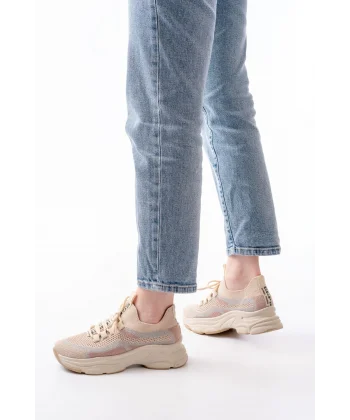 3001  Bej Bağcıklı Fileli Günlük Spor Ayakkabı