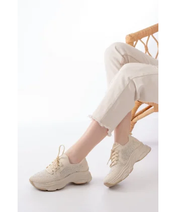 3002  Bej Bağcıklı Fileli Taş Aksesuarlı Günlük Spor Ayakkabı