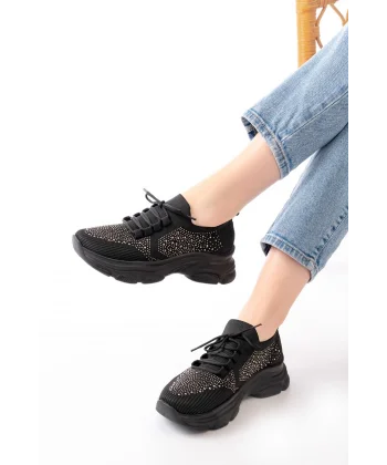 3002  Siyah Bağcıklı Fileli Taş Aksesuarlı Günlük Spor Ayakkabı