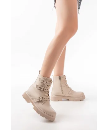 508-3039 Bej Toka Aksesuarlı Fermuarlı  Günlük Kadın Bot